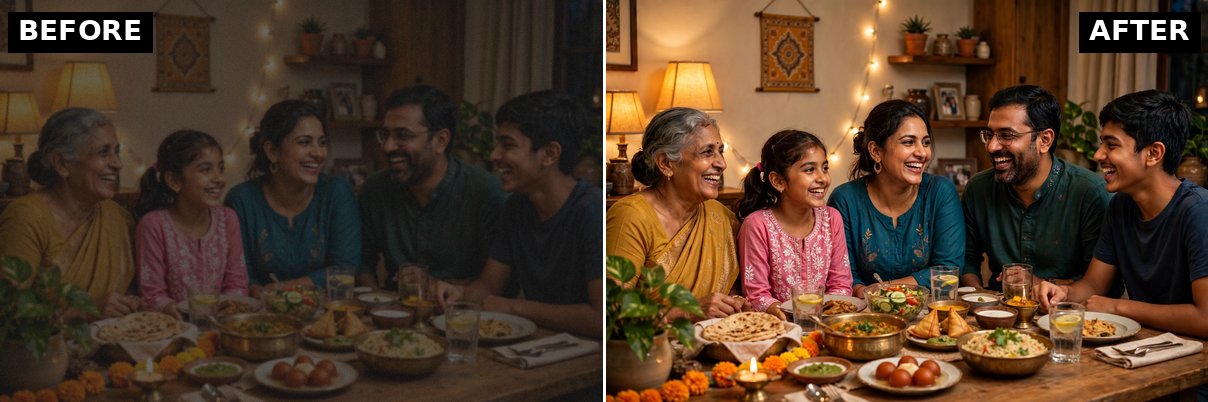 Dark blurry family photo before and after enhancement