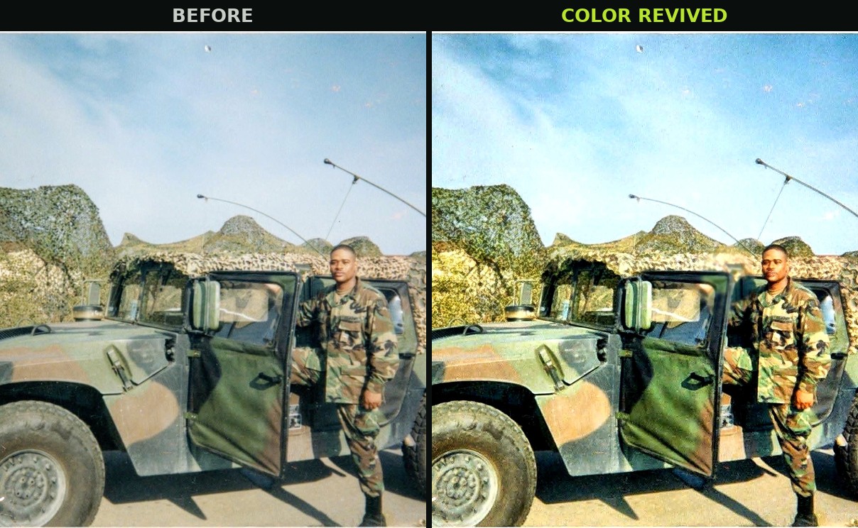 Military photo before and after color revival