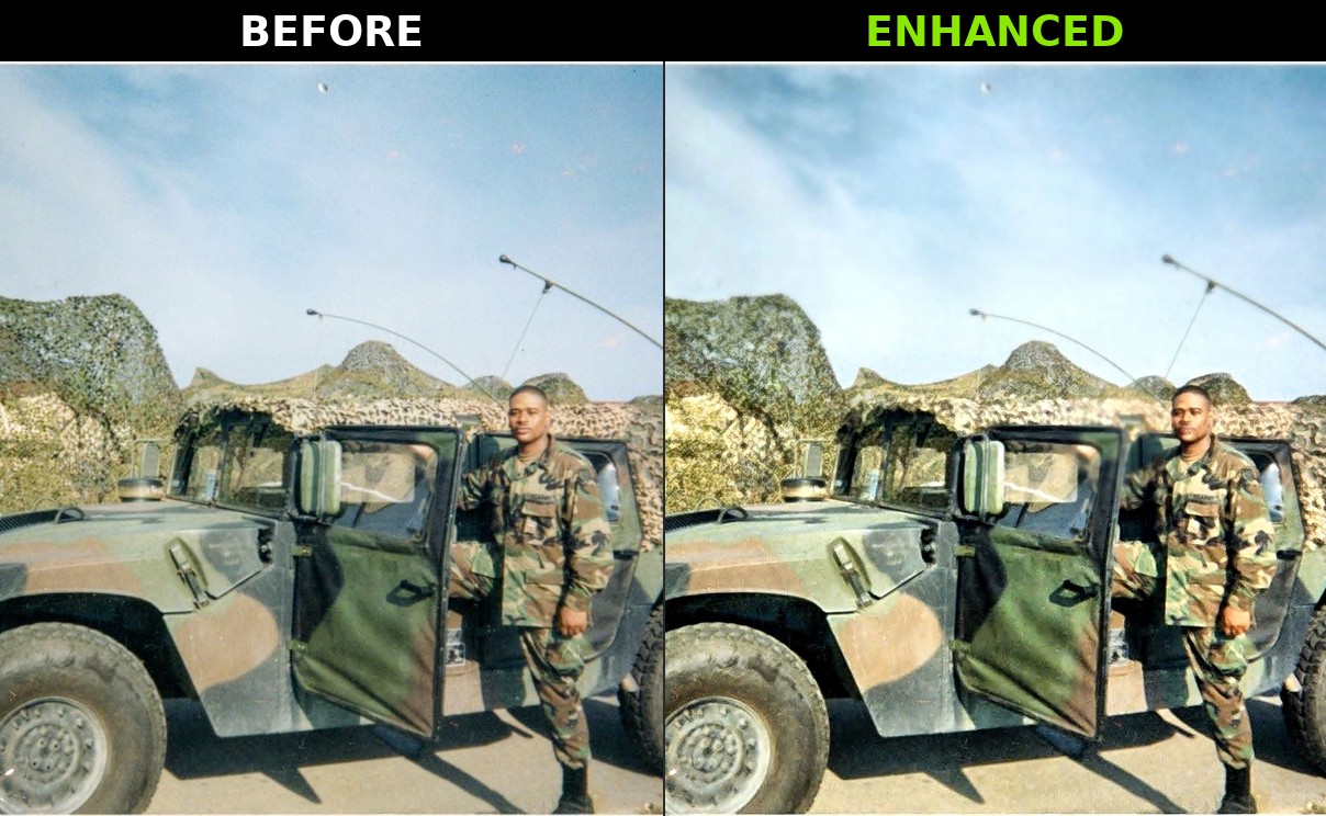Military photo before and after enhancement